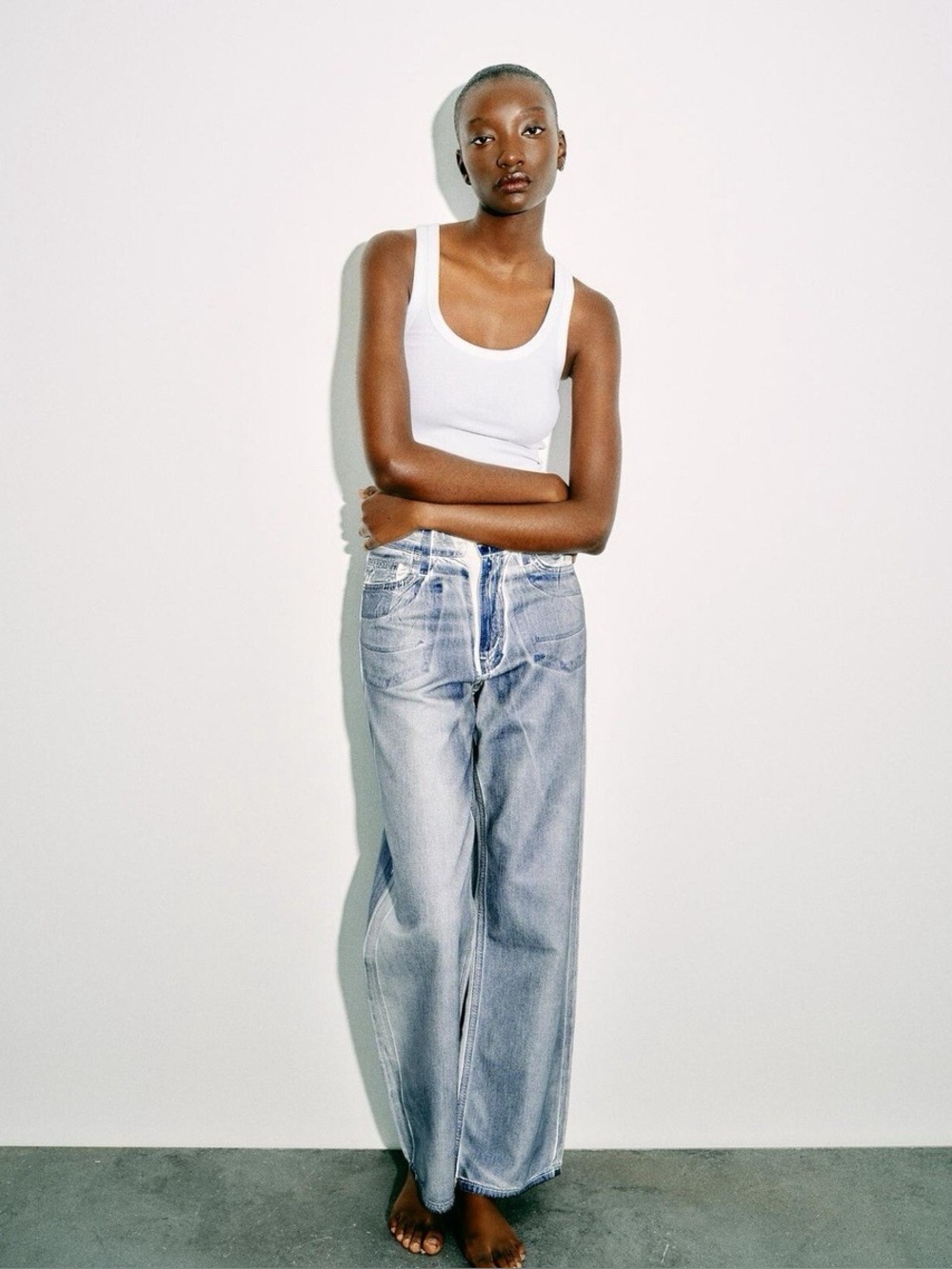 ZARA‎ Baggy Foil Coated Mid Rise Denim